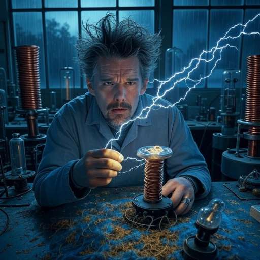 Talent hits a target no one else can hit: Tesla stands focused beside Tesla coil