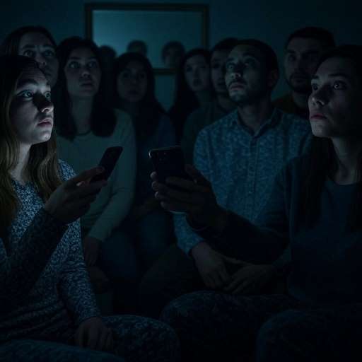 A group of people are huddled together in a dimly lit room, their faces illuminated by the glow of their cell phones. Their expressions are a mix of fear and confusion.