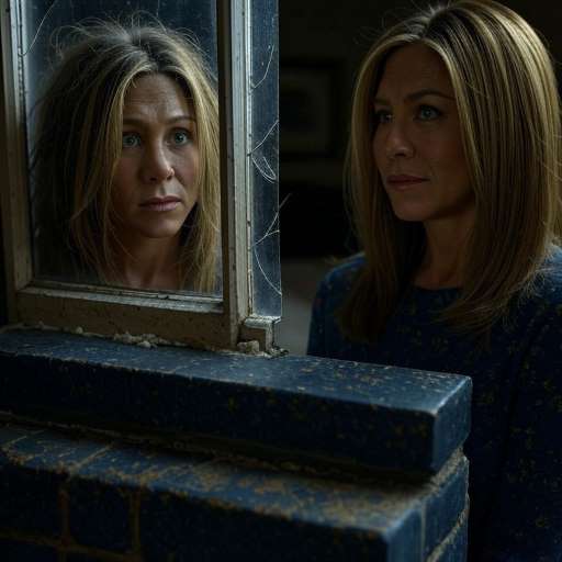 A woman with calm, composed expression looks through a shattered window, where a reflection of another version of herself appears with a wild, desperate, and hollow expression.