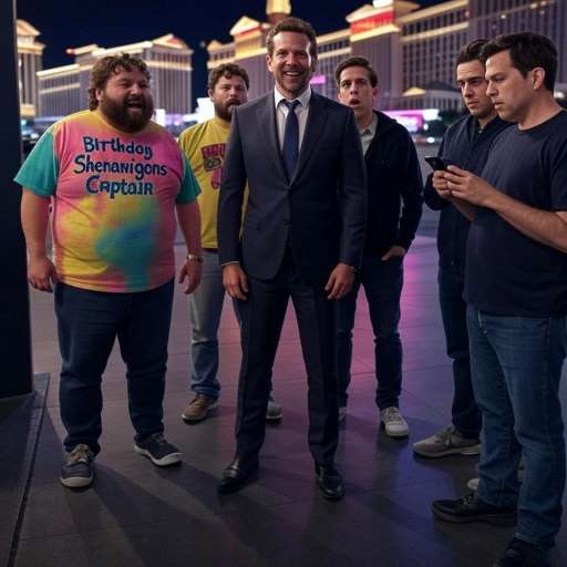 Good friends don’t let you do stupid things: The Wolfpack (Phil, Stu, Alan, and Doug) standing at the entrance of Caesar’s Palace