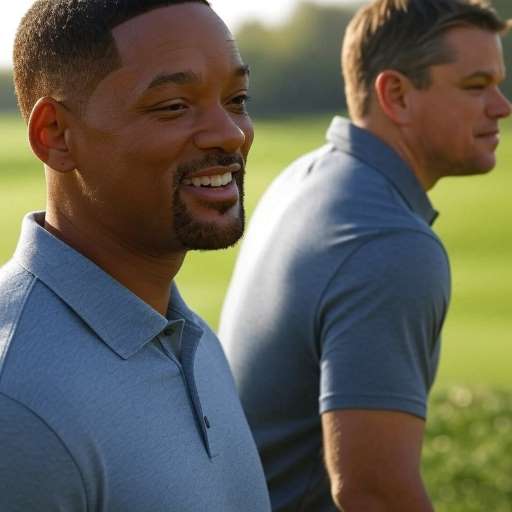 Will Smith walking toward Matt Damon with a serene