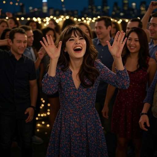 Zooey Deschanel stands in the middle of a dancing crowd