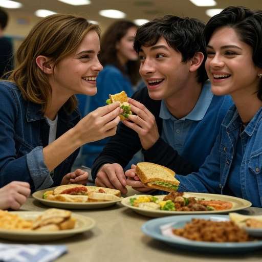 cafeteria table with Emma Watson, Ezra Miller, Logan Lerman, and Sasha Calle sitting together.