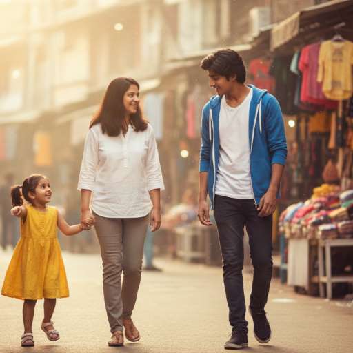 A little girl, tugs at her mother’s hand and points excitedly at Aarav