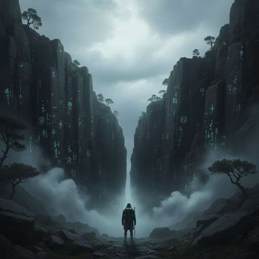 The world opens its secrets : A lone traveler stands before a narrow, shadow-filled mountain slit