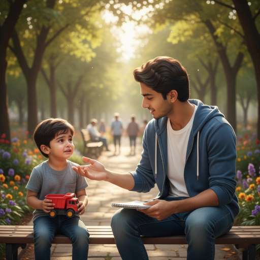 A small boy sits on a bench crying quietly, holding a little toy truck. Aarav sits beside him