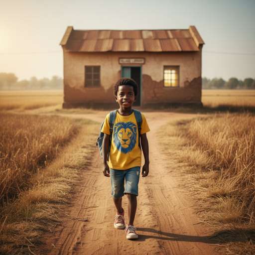 Education is the doorway to every future you can imagine: A young boy walks to the school, holding a worn backpack