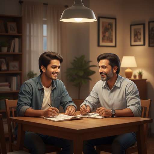 Aarav and his father sit together at a simple dinner table
