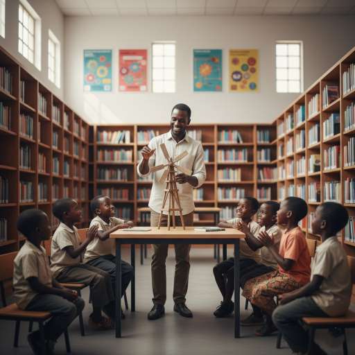 An older Kimani stands, modern library, showing a group of young children a simple model windmill