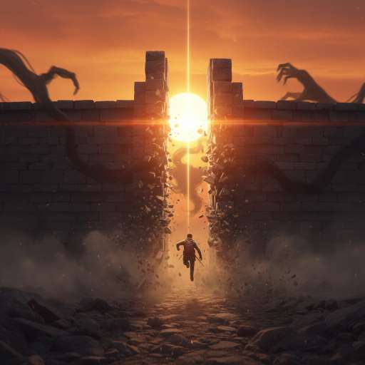 Arin races toward the narrowing entrance of the Whispering Pass as the sun dips below the horizon.