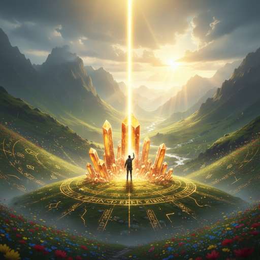 At the valley’s heart stands a circular hill topped with glowing crystal pillars