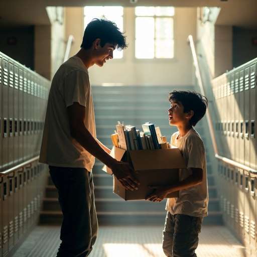 Bryce Gheisar, with a hesitant smile, helps Jacob Tremblay