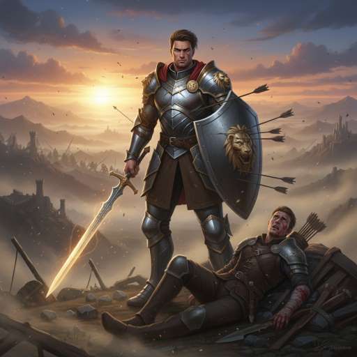 Loyalty is the courage : Captain Aric stands firmly in front of the wounded scout Corin, shield raised as enemy arrows rain down