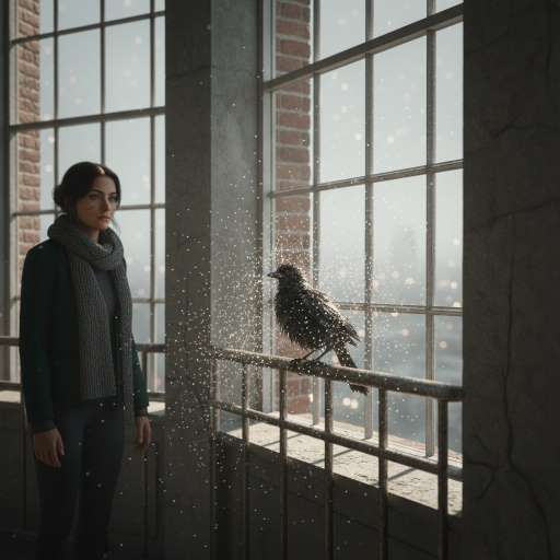 Clara stands nearby soaked bird clings to a metal railing