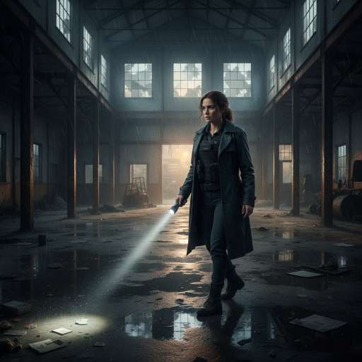 Greatness is never found in comfort: Detective Rhea Carson steps in an abandoned warehouse, flashlight held low