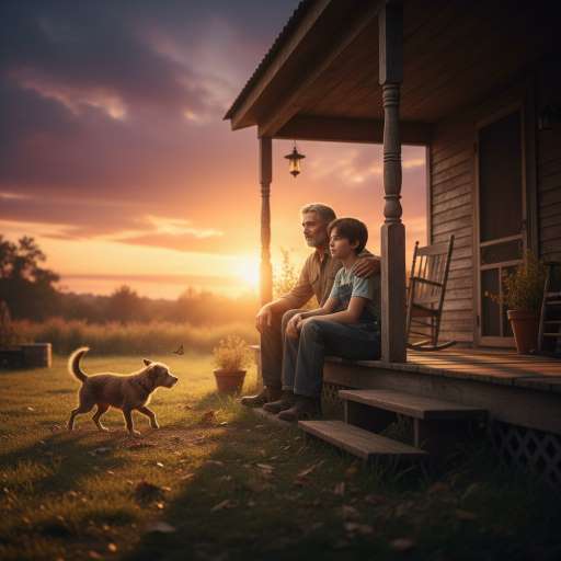 Elias and his father sit on their wooden porch