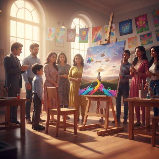 In the center of a small crowd, Ayaan’s painting hangs proudly