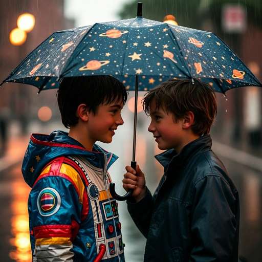 Empathy turns strangers into neighbours: Jacob Tremblay, stands close under a small umbrella held by Noah Jupe