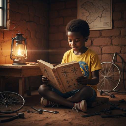 Kimani Reading the Science Book at Night inside his home