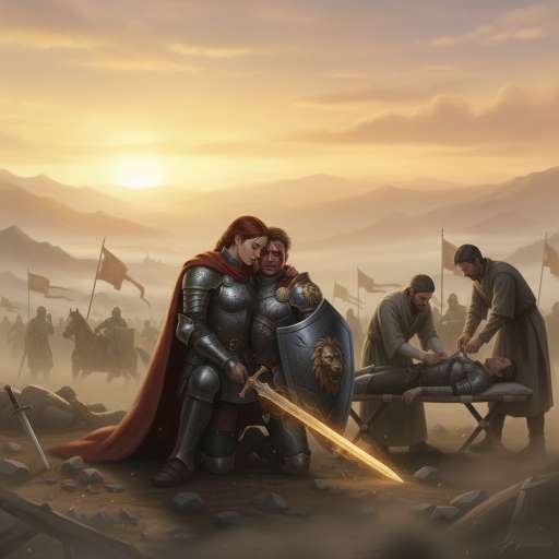 Lira kneels beside Aric, helping him stay upright