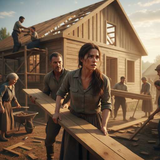 Mara lifts a wooden plank alongside villagers