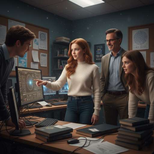 Mira, Dr. Rowan, and two students gather around a screen showing the exoplanet data