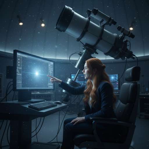 Mira sits before a large telescope connected to a glowing screen displaying a cluster of faint stars