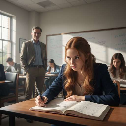 Mira sits in the front row in class with book and pen
