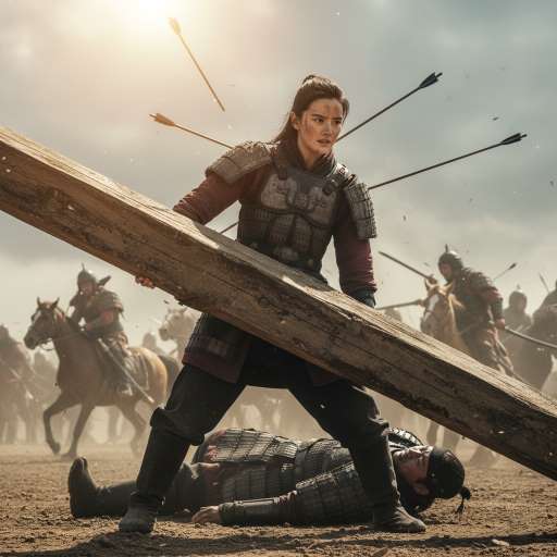 Mulan lifts a fallen beam to save a trapped commander