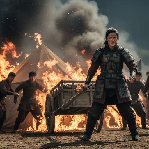 Mulan pulls a heavy supply wagon away from a burning tent