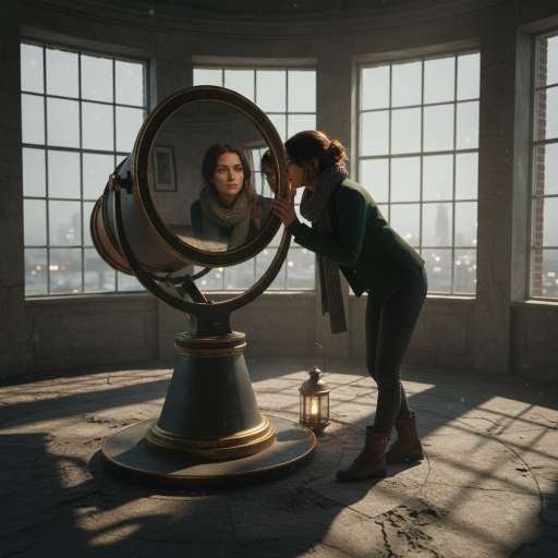 Observing her reflection in the telescope mirror