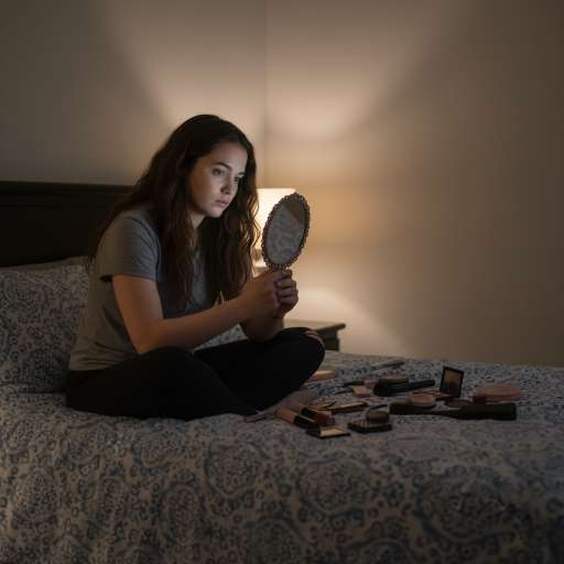 Renee looks into a hand mirror with sadness and confusion at her bed