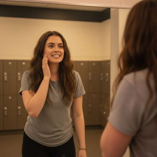 Renee stands in front of a mirror in the gym’s locker room