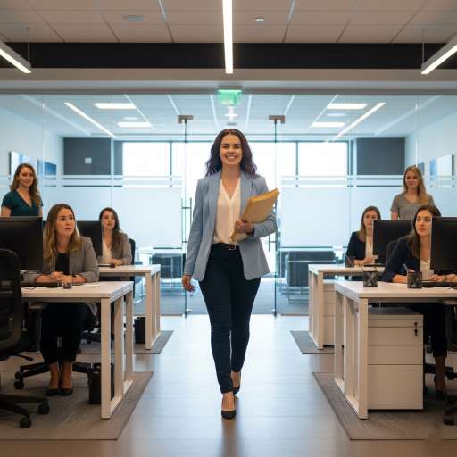 Renee strides confidently through the lobby, holding folders in the office