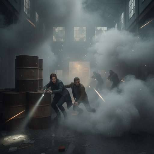 Rhea crouches behind metal barrels, pushing Aaron forward toward the exit