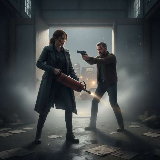 Rhea faces Voss emerging from the thinning smoke, gun raised