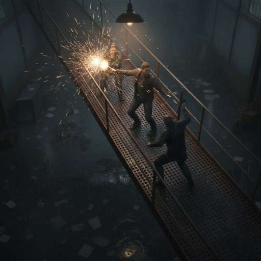 Rhea swings the case hard into Voss’s jaw while the guards rush forward