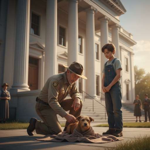 Sheriff Tate kneels to inspect the dog while Elias stands nervously beside him