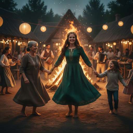 The villagers dance around a blazing fire. Mara joined the festival