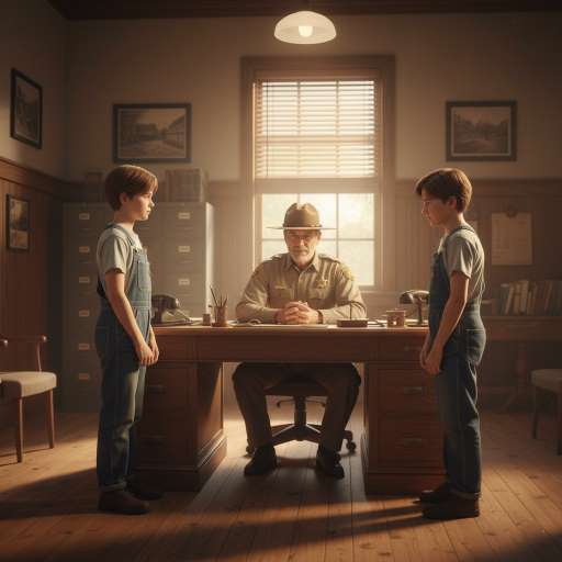 Two boys stand together in a small-town sheriff’s office