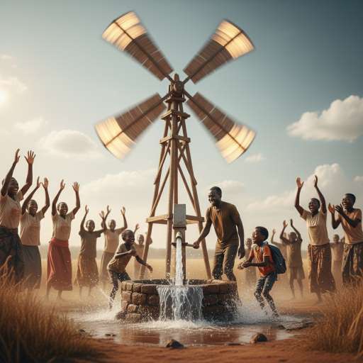 Villagers cheer, children laugh and play in the water, and Kimani stands proudly beside his father