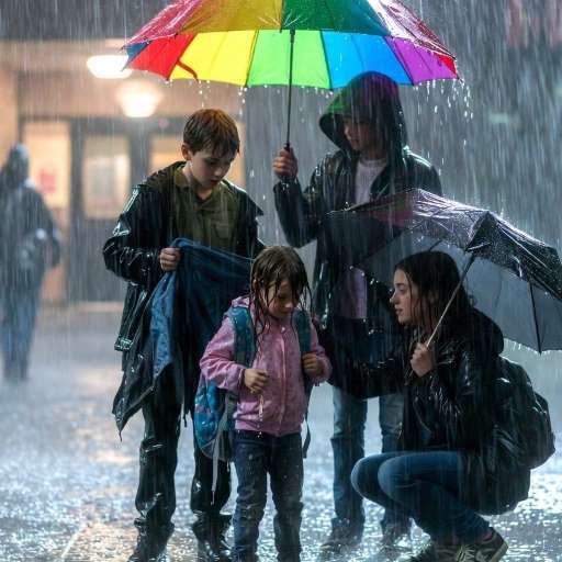 friends helped a small child stands shivering by the fence