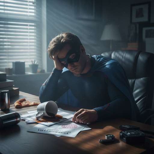 A superhero sitting slumped at a cluttered desk
