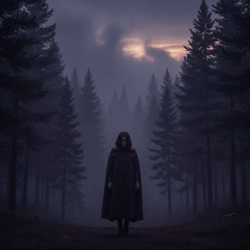 Your intuition whispers : A woman stands at the edge of a dense pine forest as dusk