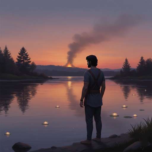 The soul is never born: A young man standing at the edge of a calm river at dusk