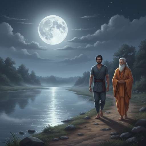 Arjun and Devanta walking along a shimmering river under a full moon