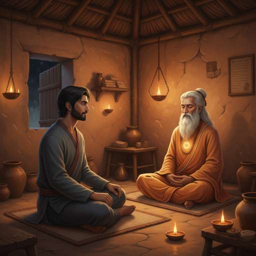 Arjun sitting cross-legged opposite to Sage Devanta in hut