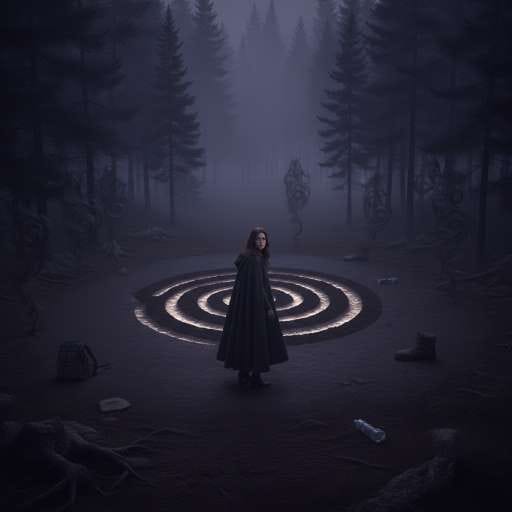 In the center lies a large spiral symbol carved into the soil, Elena stand at the edge