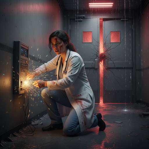 Mara kneeling at a malfunctioning door panel