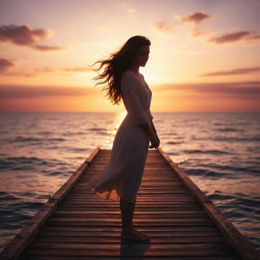 Mara standing at the edge of a wooden pier during sunset
